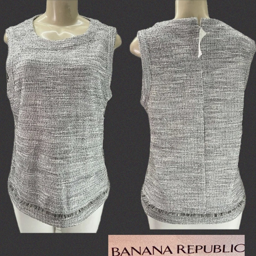 Banana Republic L Black White Gray Tweed Sleeveless Top Fringe Hem Crew Neckline